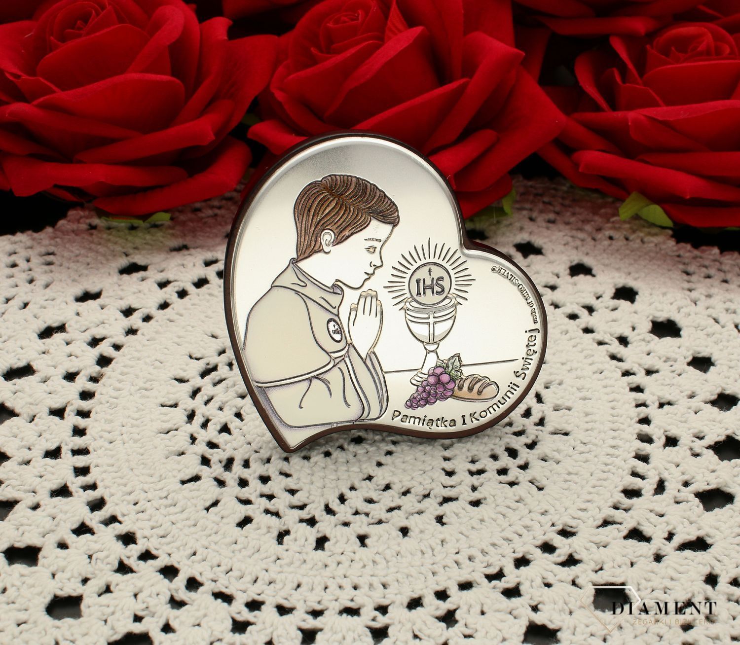 Obrazek srebrny Pierwsza Komunia Święta serduszko dla chłopca z grawerem 6747.1 COL. Pamiątka I Komunii Świętej. Obrazek z grawerem na komunie kolorowy. Prezent na komunie dla chłopca.jpg